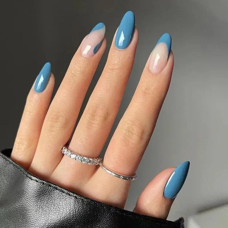 24Pcs French Green Short Almond Fake Nails With Wave Line Design Round Head Press On Nail Tips