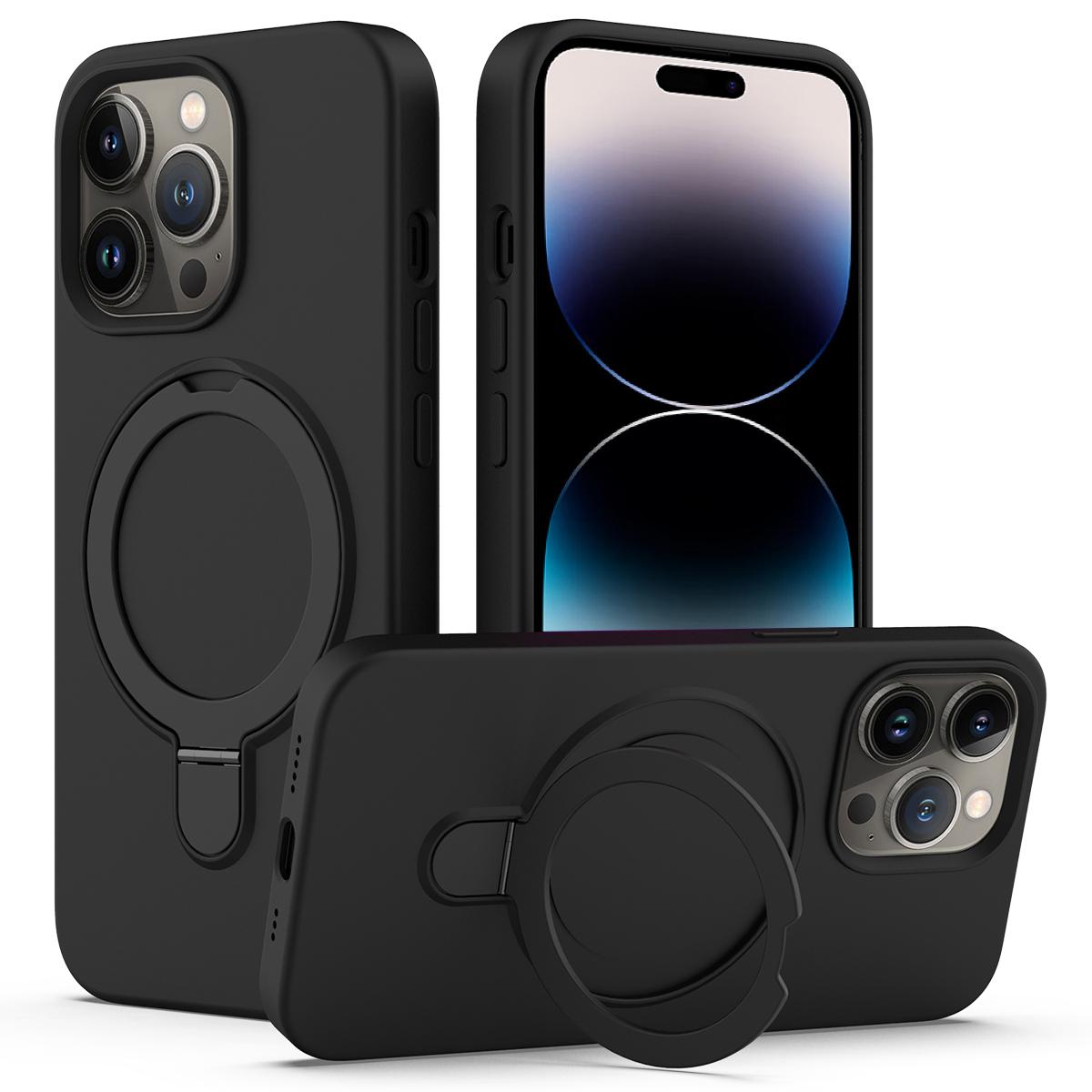

For iPhone 14 Pro Magnetic Case Kickstand Anti-drop PC+Silicone Cover Black
