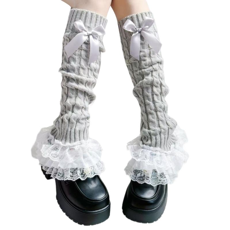 Cable Knit Leg Warmers Boot Cuffs with Bowknot Decorated Sweet Tiered Ruffled Lace Trim Leg Covers Calf Socks for Women
