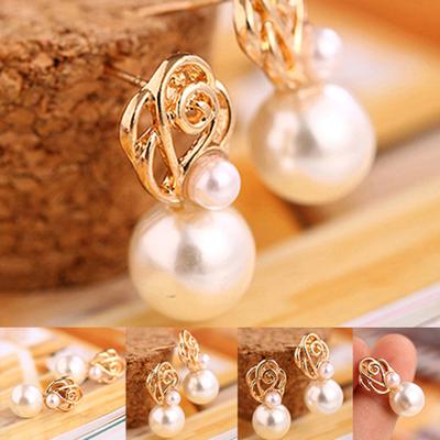 Women's White Pearl Gold-toned Ear Studs Earrings Bride Jewelry Gift Eardrop