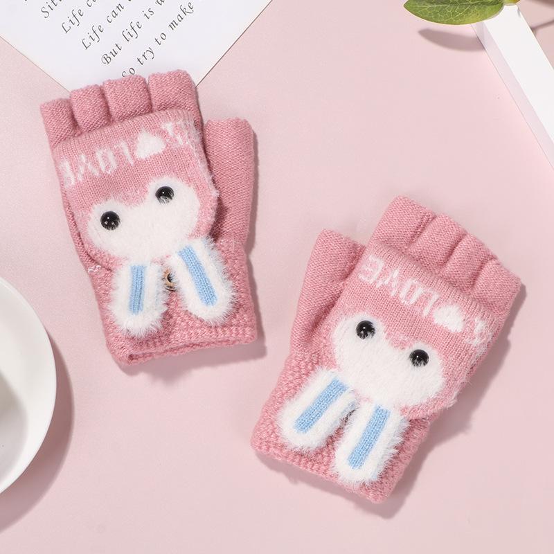 Autumn and winter new velvet thickened cute rabbit cold-proof warm gloves elastic half-finger flip-top knitted gloves