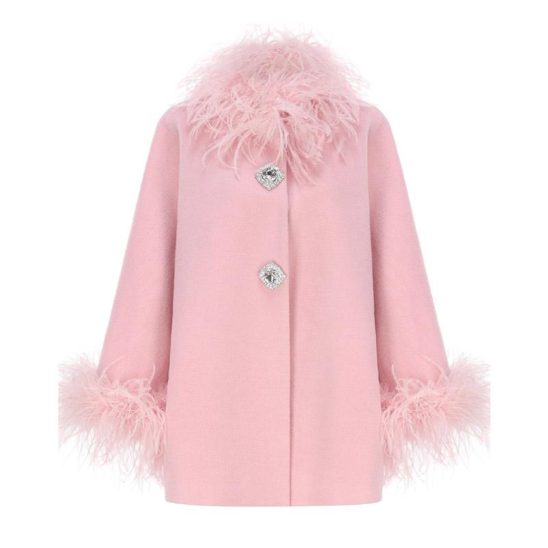 

Однотонное женское пальто с кисточками, искусственный мех, перья, длинный рукав, женская куртка 2025, осень-зима, элегантная однобортная женская верхняя одежда L розовый