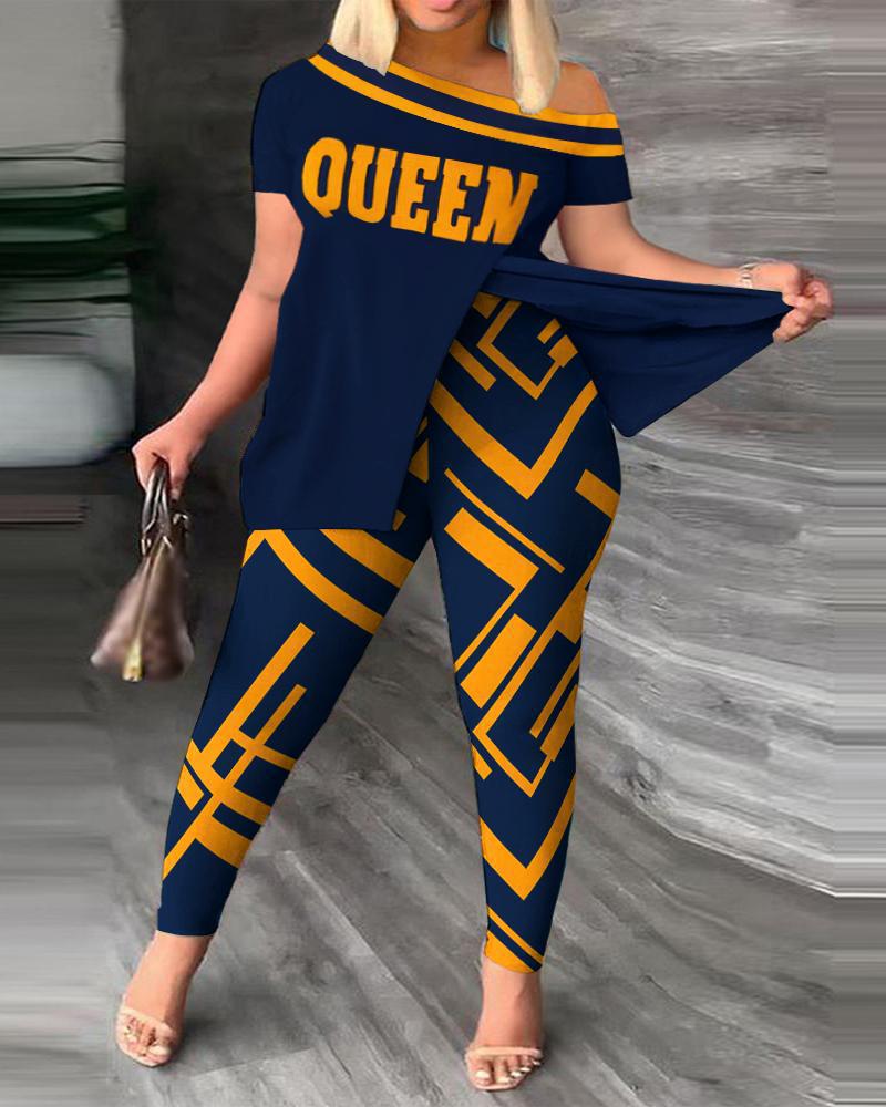 

2024 Autumn Women s Asymmetrical Neck Long Pants Two-Piece Set with Fashion Print 2XL