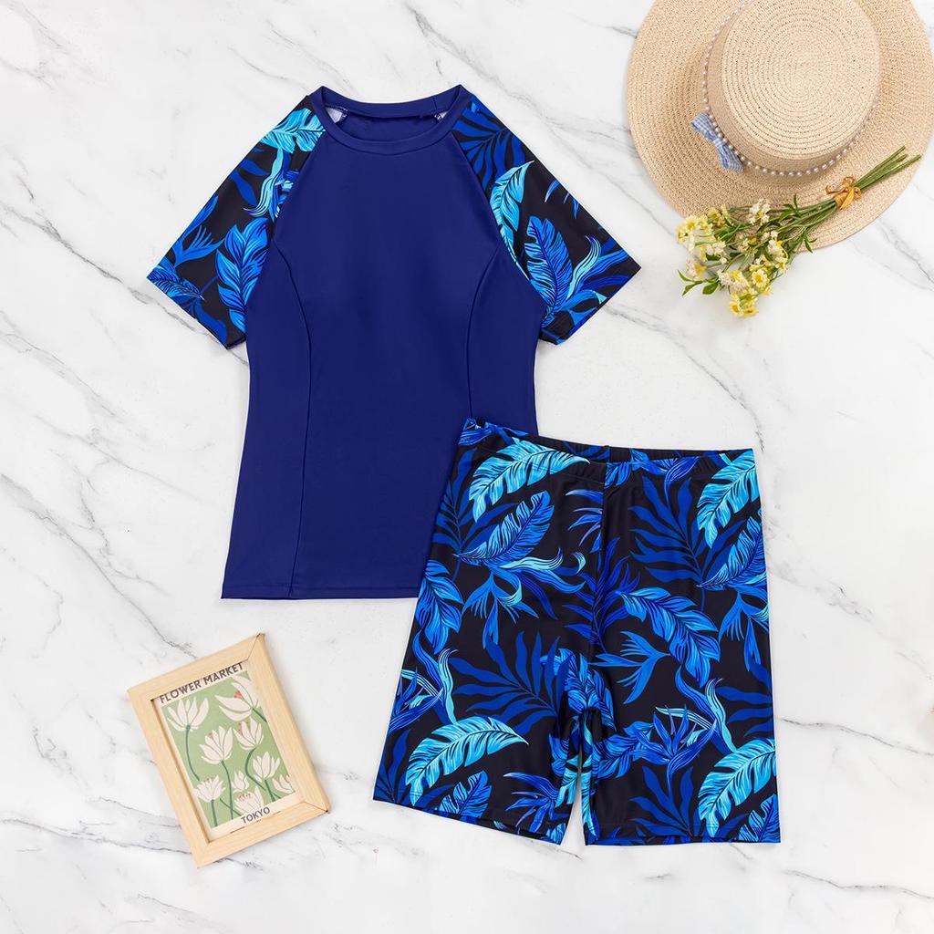 Women's Slimming Tummy Control Short Sleeve Tankini Swimsuit with Solid Color and Print Patchwork