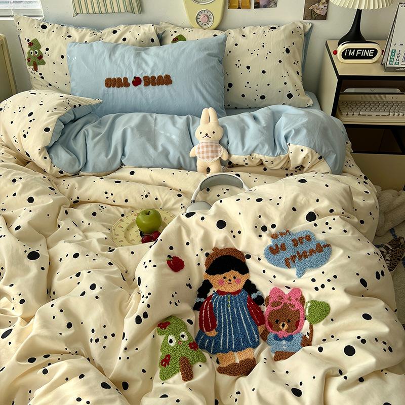 

Class A Maternal And Infant Grade Bedding4-Pcs Set, Pure Cotton Washed Cotton Bed Sheet Quilt Cover, Bed Hat, Student Dormitory 3-Pcs Set 0.9m sheet 3pcs quilt 1.5*2m