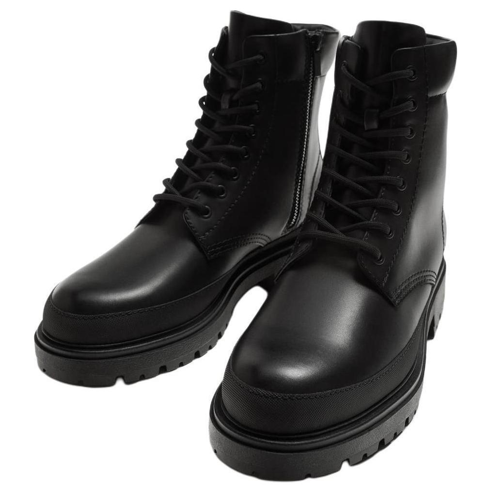 Zara Pu Lace-Up Round Toe Mid-Calf Martin Boots Men Boots Black 12005420