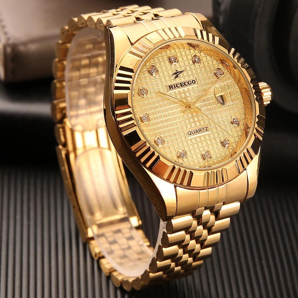 1pc Quartz Watch with Calendar Display Dial Set with Diamonds and Textured Design Fashionable Jewelry Accessories Dual Calend