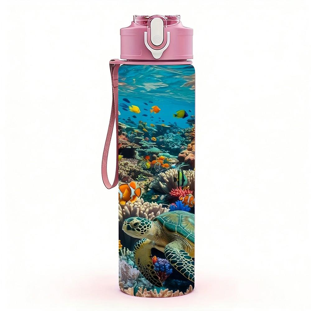 1PC Coral Reef Underwater Ocean Scene Print 750ml Color Plastic Sports Water Bottle Leakproof Flip Straw Lid Suitable for Sports Office Home Use