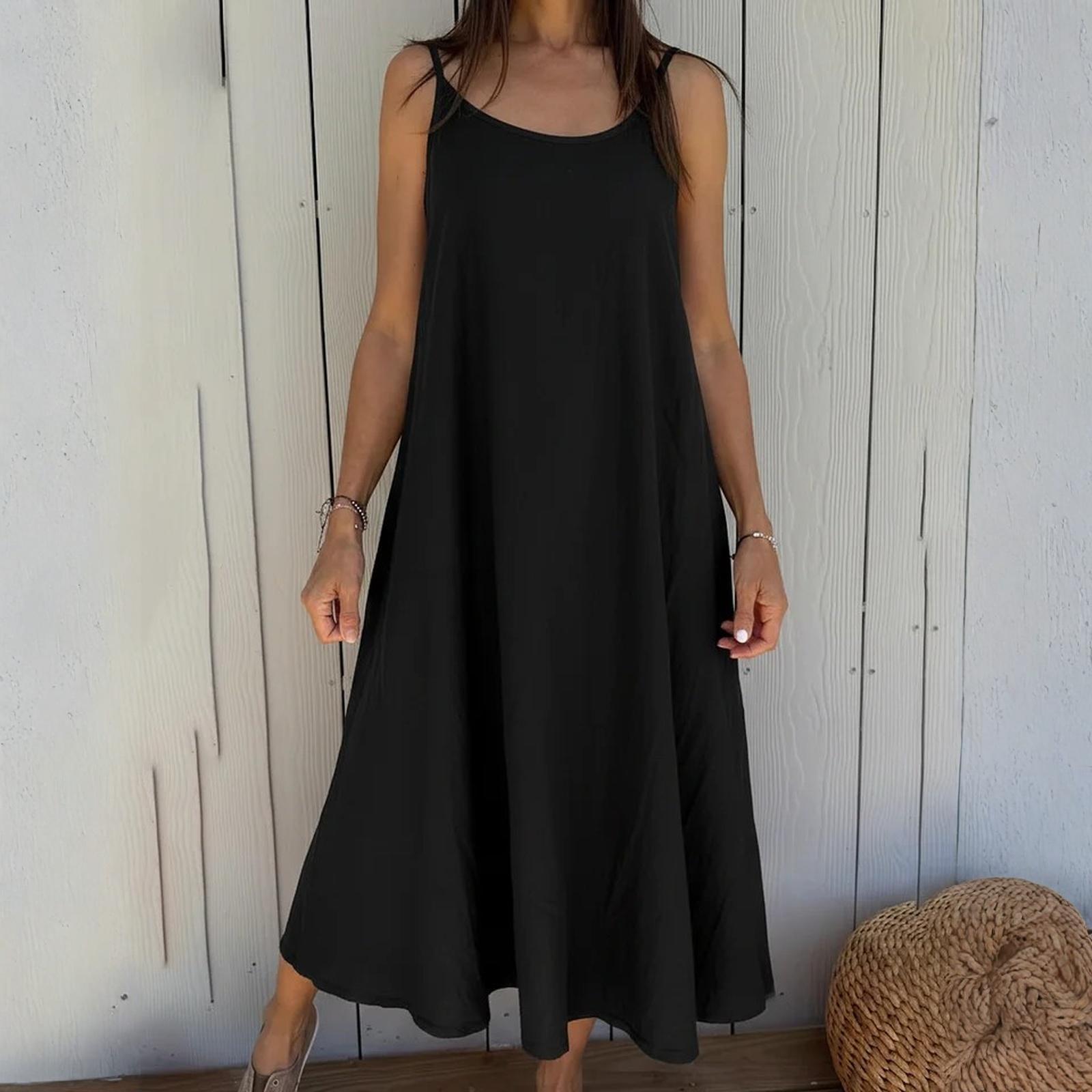 Women s Fashionable Casual Loose Cotton Linen Camisole Dress L чёрный