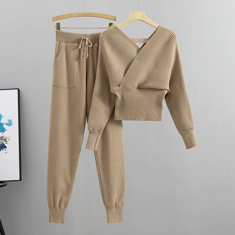 Korean Petite V-Neck Off-Shoulder Knit Two-Piece Set for Women - Autumn/Winter