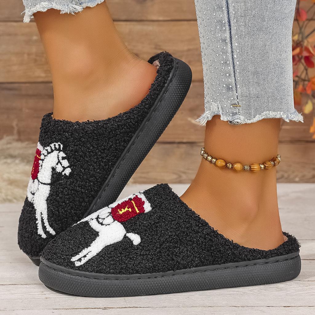 Mode Plüsch Zuhause Dicksohlige Bequeme Plüsch Baumwollpantoffeln mit Tier Muster Stickerei, Niedliche Warme Rutschfeste Hausschuhe