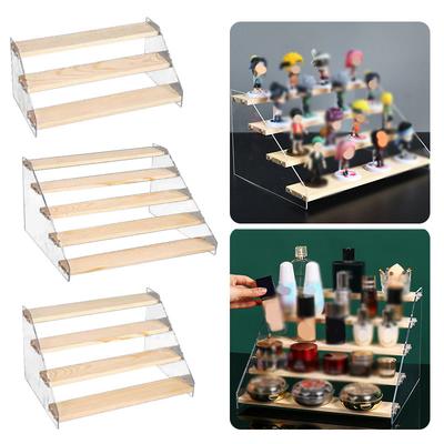 Multi-Tier Wooden & Acrylic Display Riser Stand,Clear Stepped Shelf Organizer for Action Figures,Perfumes,Cosmetics,Cupcakes and Collectibles