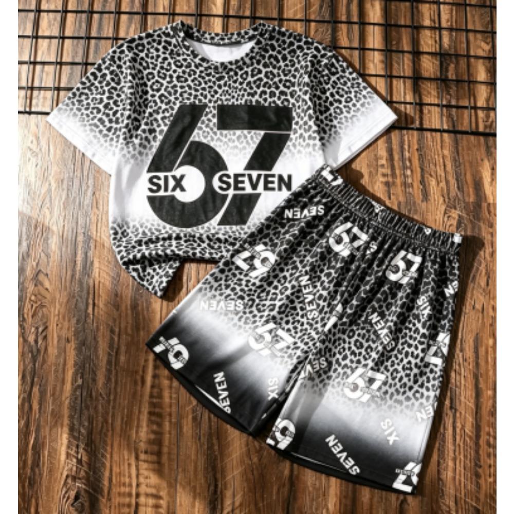 Fashion Kids Set Leopard 67 Number Printed Kids T-shirt and Shorts 2 Piece Set Summer Casual Outdoor Street Boy's and Girl's T-shirt Sets