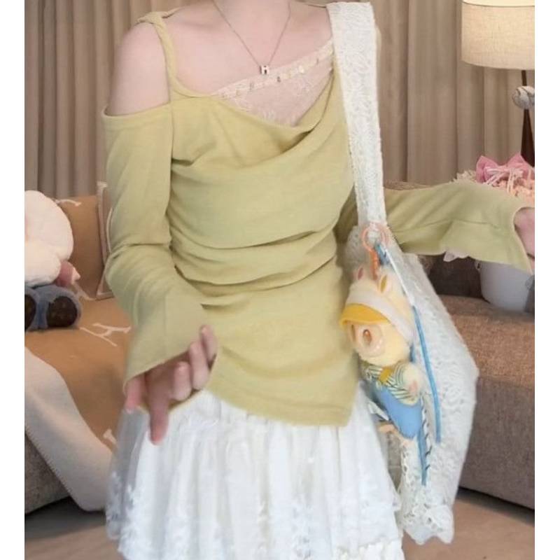 Spring Korean Style Womens Lace Spliced Top With Solid Color Design For Fashionable Outfits