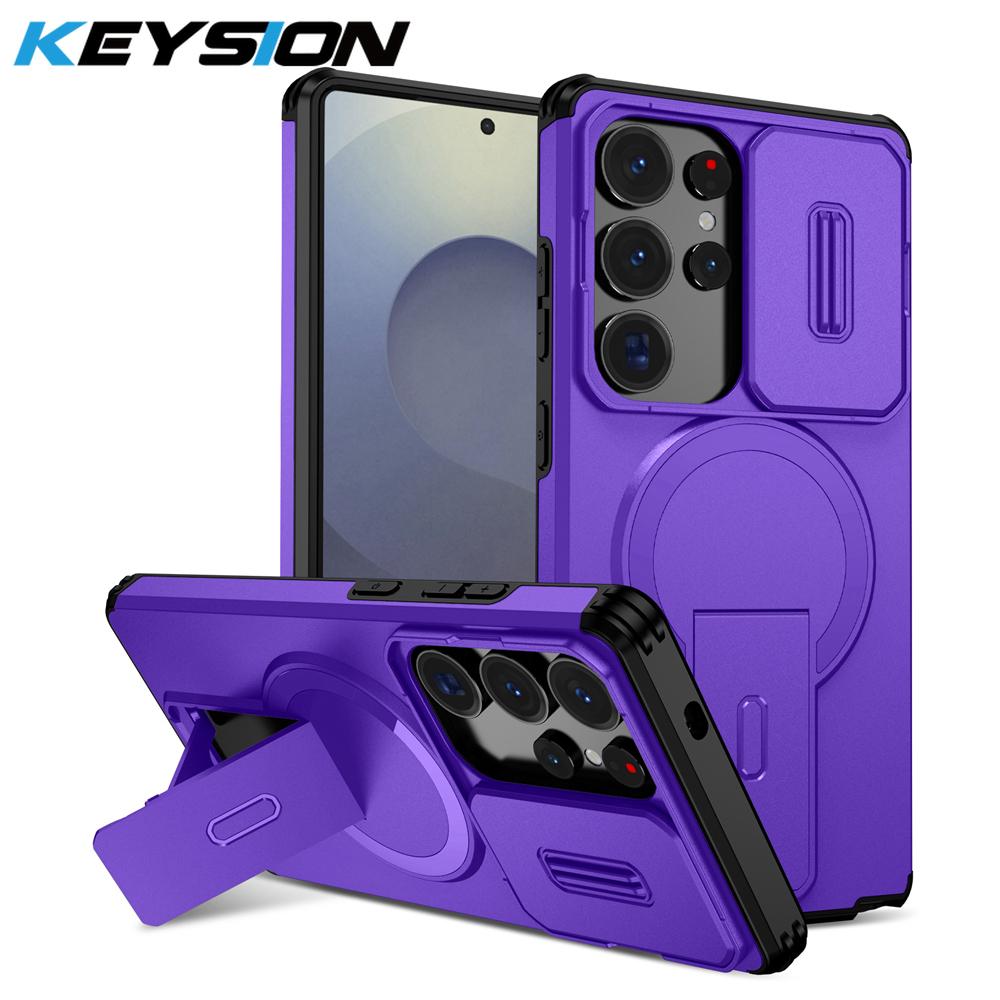 KEYSION Shockproof Magnetic Case for Samsung Galaxy S24 S25 Ultra S25+ S24 FE Slide Camera Protect Kickstand Wireless Charging Phone Cover
