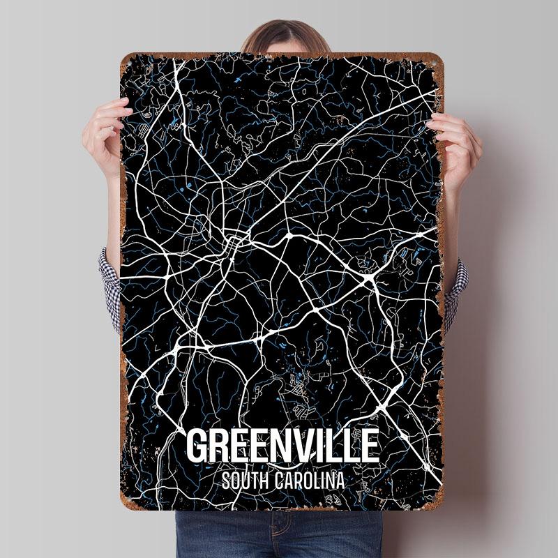 

Greenville South Carolina Map Art Printed Poster Customized Wall Art Retro Vintage Metal Tin Signs for Decoration Bedroom Decor 20x30cm（7.8x11.8inch）