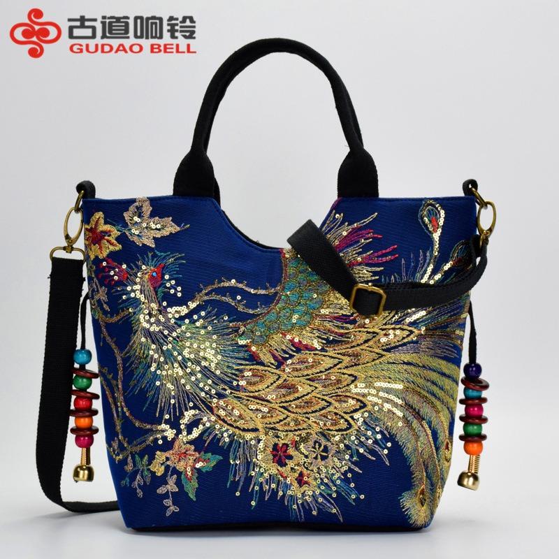 Bag Embroidery Large Capacity Shoulder Strap Messenger Bag, Retro Canvas Embroidery Shoulder Handbag Handbag