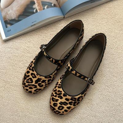 Version peau de mouton~ Chaussures Mary Jane léopard en cuir à semelle super souple pour femmes, chaussures simples, ballerines, ceinture à boucle simple, chaussures pour femmes