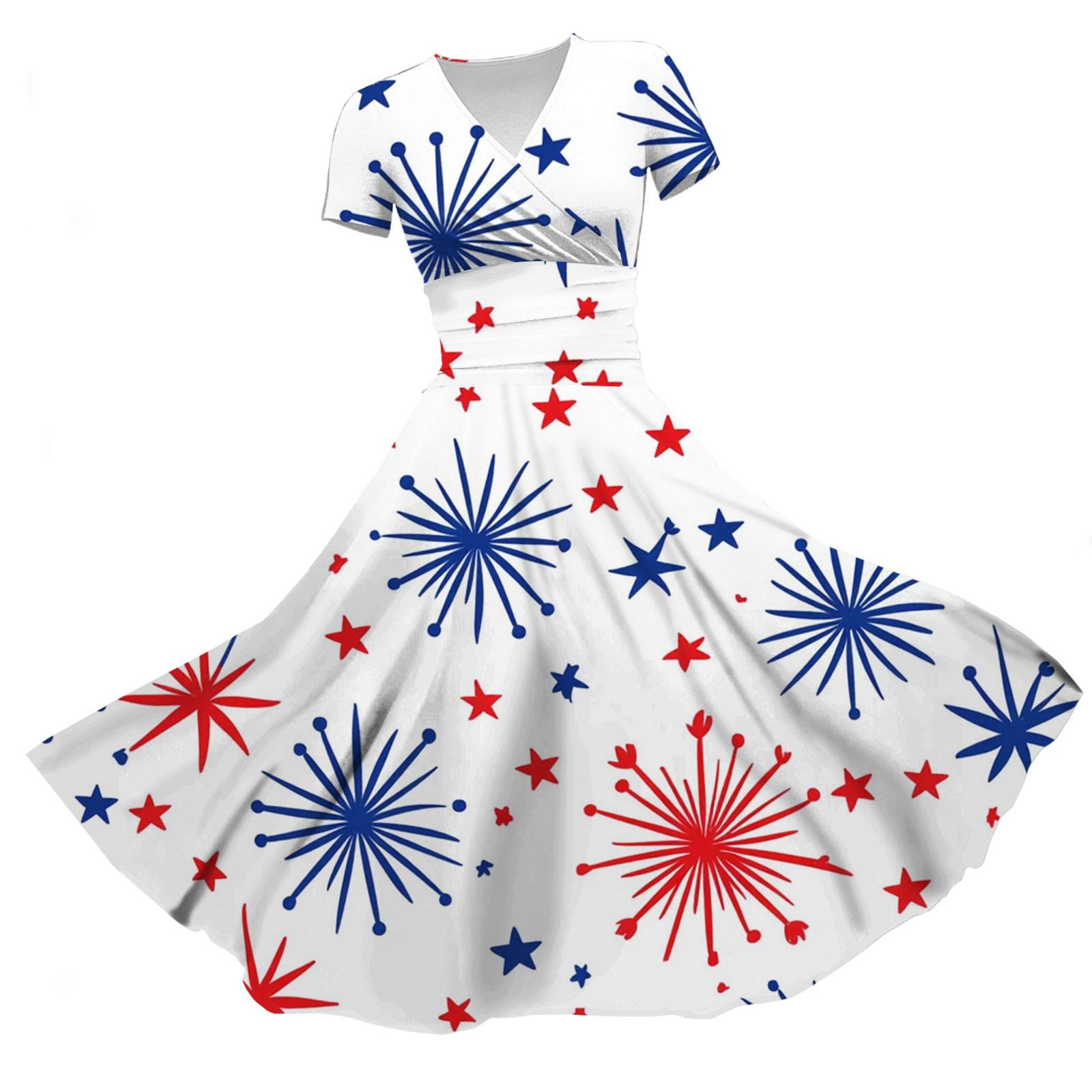 

Women s Princess Dress Sexy V-neck Independence Day Print Draw-waist Pleated Short-sleeved Dress XL білий