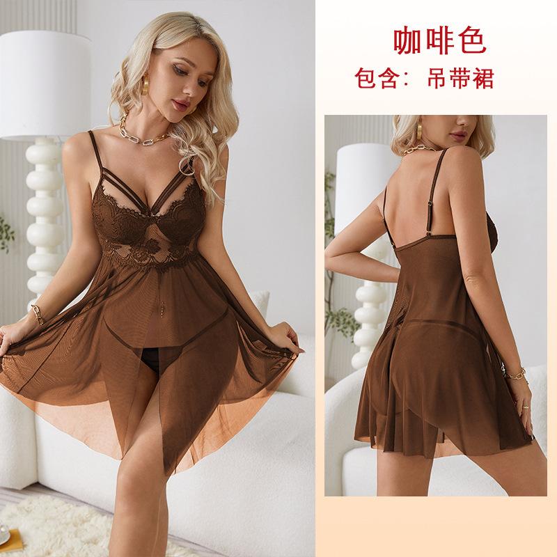 Hot-selling lace nightdress deep V front split mesh halter women s sexy loungewear 652 S