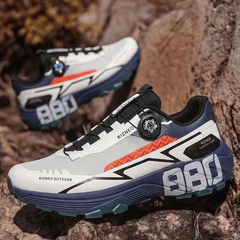 Men Rotary Buckle Hiking Sneakers Breathable Mesh Anti Slip Lug Sole Shock Absorb Outdoor Trekking Sports Shoes