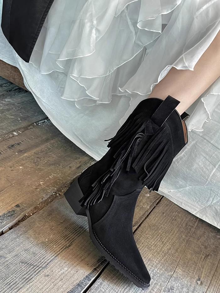 

2025 New Women s Suede Vintage Fringed Western Boots Womens Round Head Medium Heel Mid Boots Thick Heel Knight Boots Botas Mujer 35 чёрный