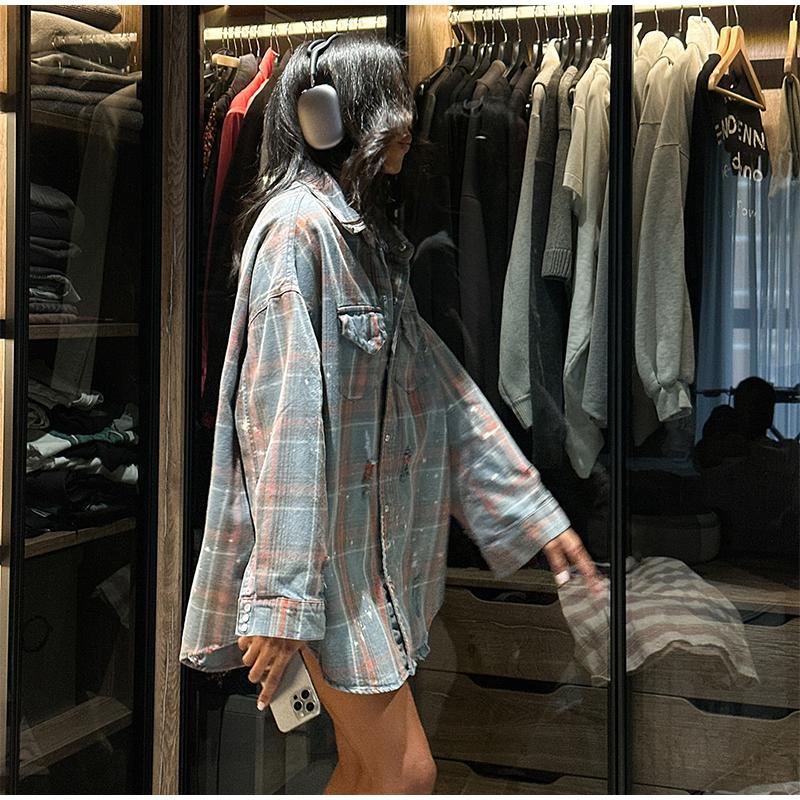 Blue Plaid Shirt Jacket Women's Spring Autumn 2025 New Elegant High-End Feel with Button Down The Front Female Casual Loose Blouses