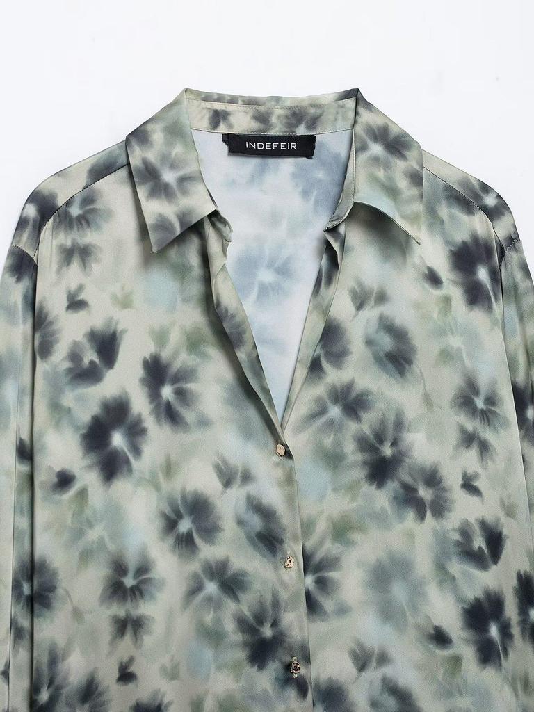 2025 Spring Women's European & American Style Print Silk Satin Long Sleeve Lapel Casual Shirt