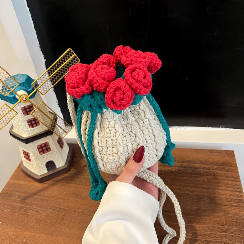 Woven Textile Rose Flower Bucket Bag With Inner Card And Phone Compartments For Casual Style