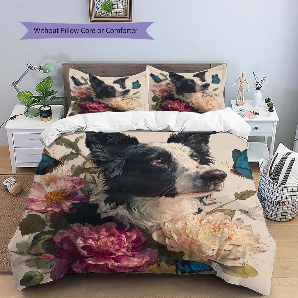 Border Collie Muster Bettwäsche Heimdekoration Geburtstagsgeschenk (1 Bettbezug + 2 Kissenbezüge, ohne Füllung)