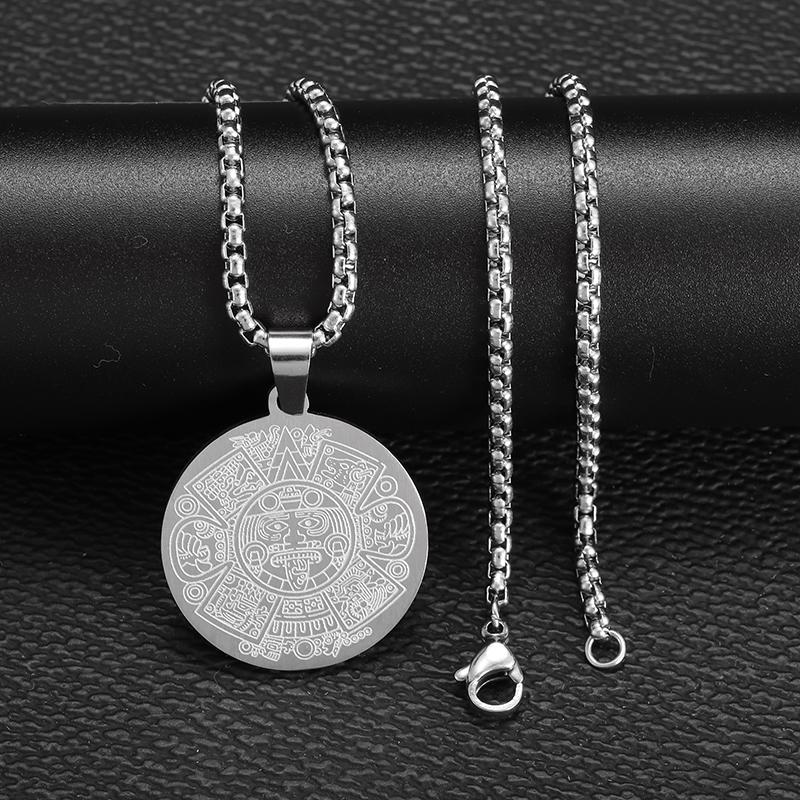 Retro aztécký mayský kalendář přívěsek božský zvířecí náhrdelník pánský nerezová ocel amulet kulatá mince šperk