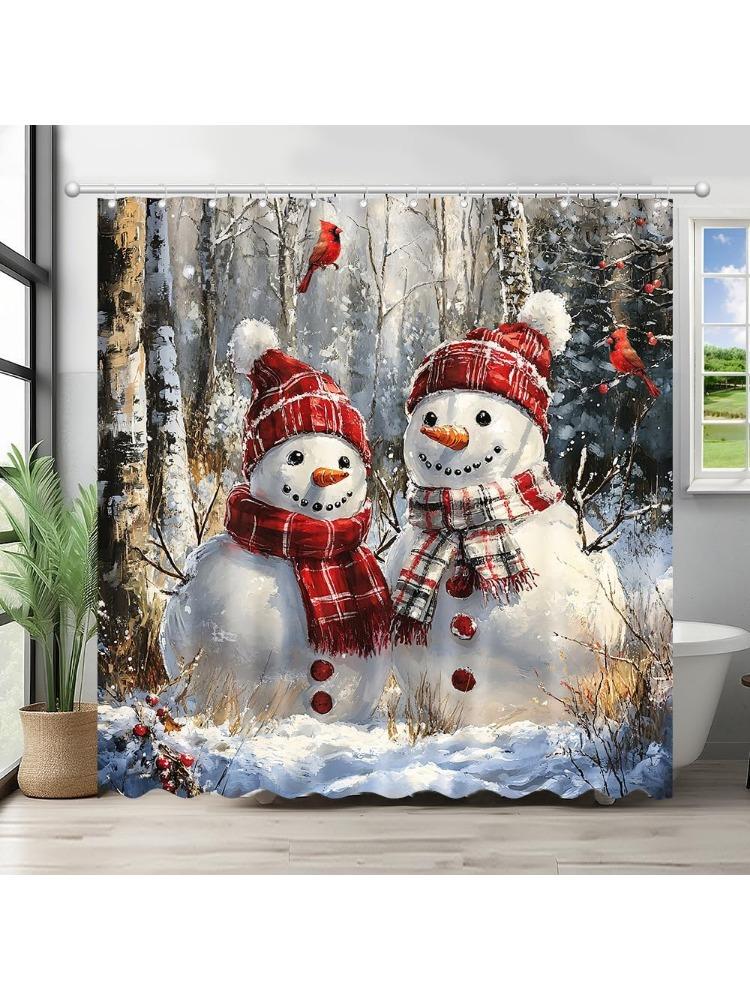 Winter Christmas Snowman Shower CurtainCute Snowman Home Bathroom Decorations Santa Xmas Winter Forest Bathtub Curtain Set