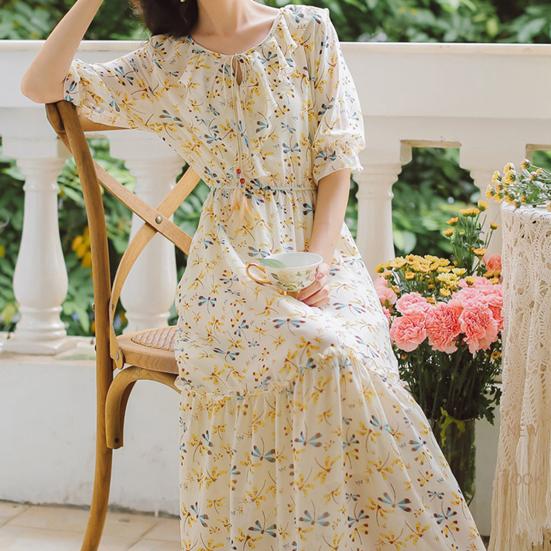 

Шифоновое платье с рюшами и воротником с высокой талией, трогательное очаровательное повседневное модное праздничное платье для девочек с цветочным принтом стрекозы, женская одежда