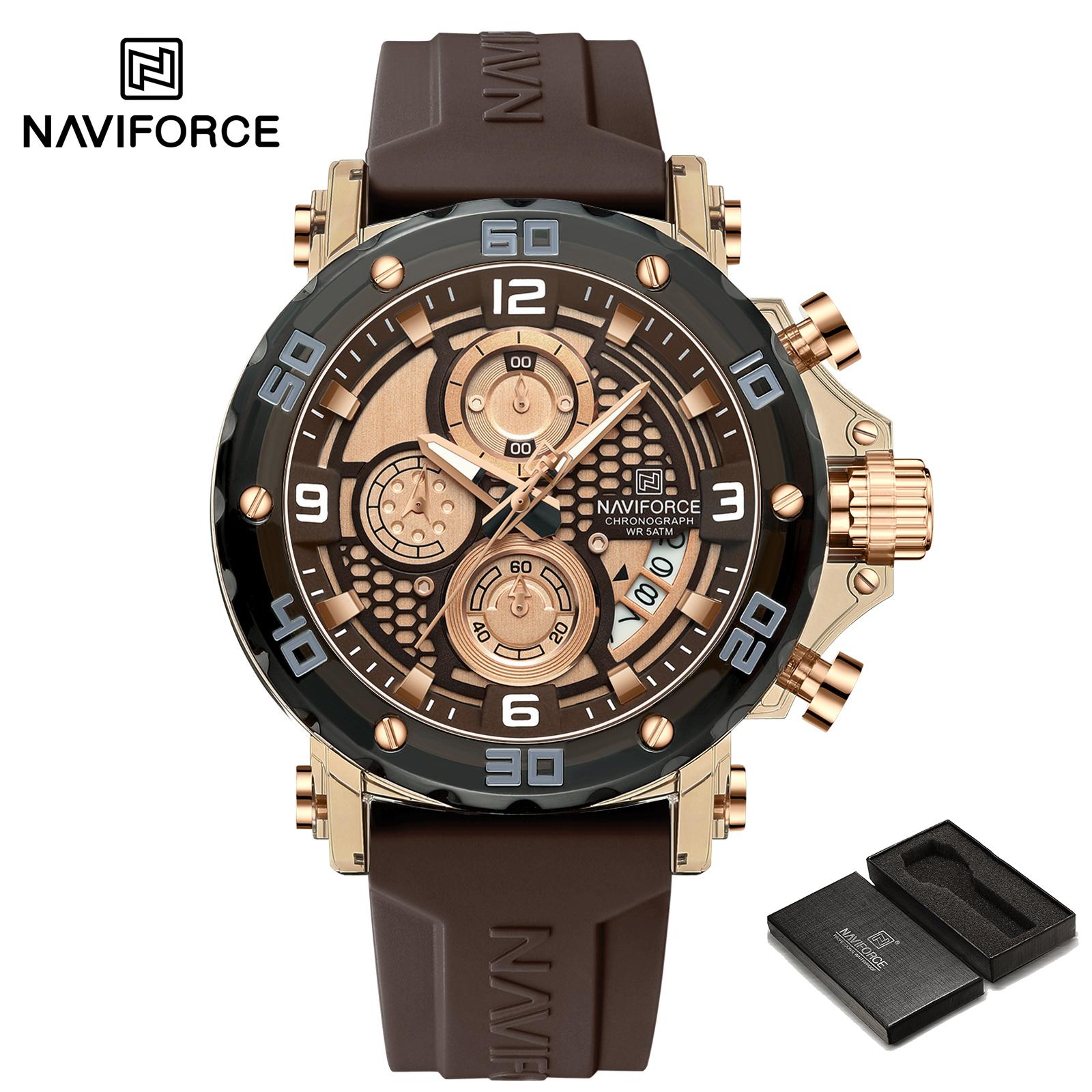 

Naviforce Мужские модные часы-хронограф с кварцевым механизмом, силиконовым ремешком, водонепроницаемые, 50 м, с календарем и светящейся стрелкой, повседневные часы для мужчин NF7123 розового золота