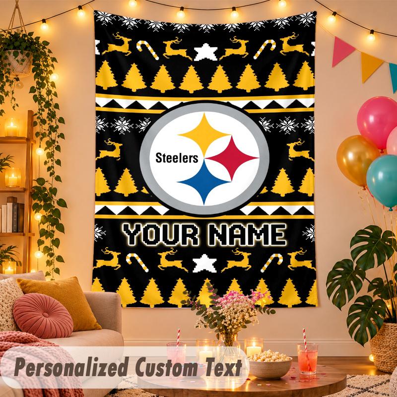 Pittsburgh Steelers Personalized Wall Tapestry Custom Name Text Polyester Hanging Decor Home Room