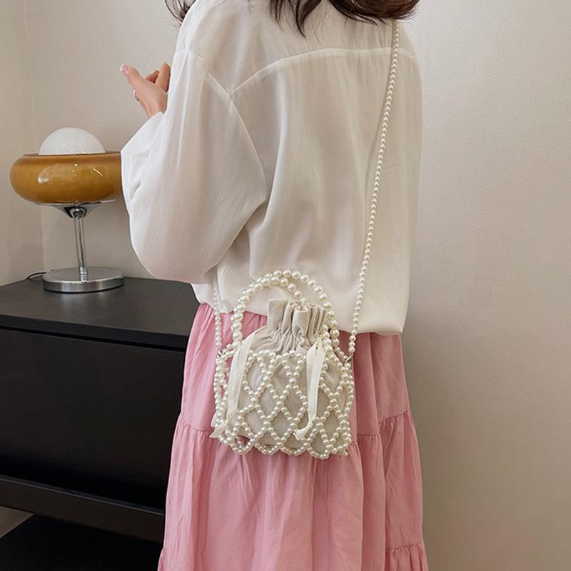Vintage Top Handle Pearl Women Handbag Summer Hollow Out Beach Bucket Girl Shoulder Crossbody Bag