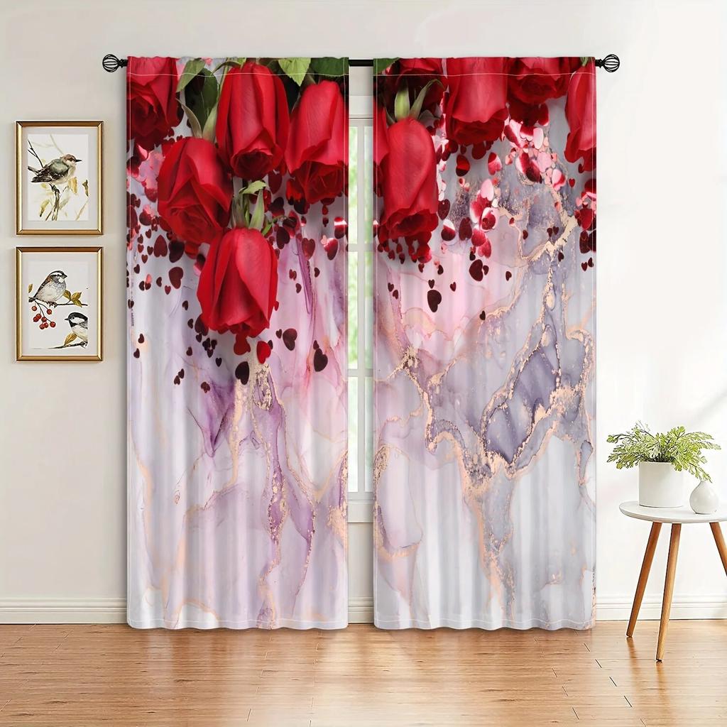 2stk Red Rose Abstrakt Marmormønster Gardiner Stanglomme Valentinsdagsdekorasjon Trykt Lysfiltrerende Kjøkkengardin