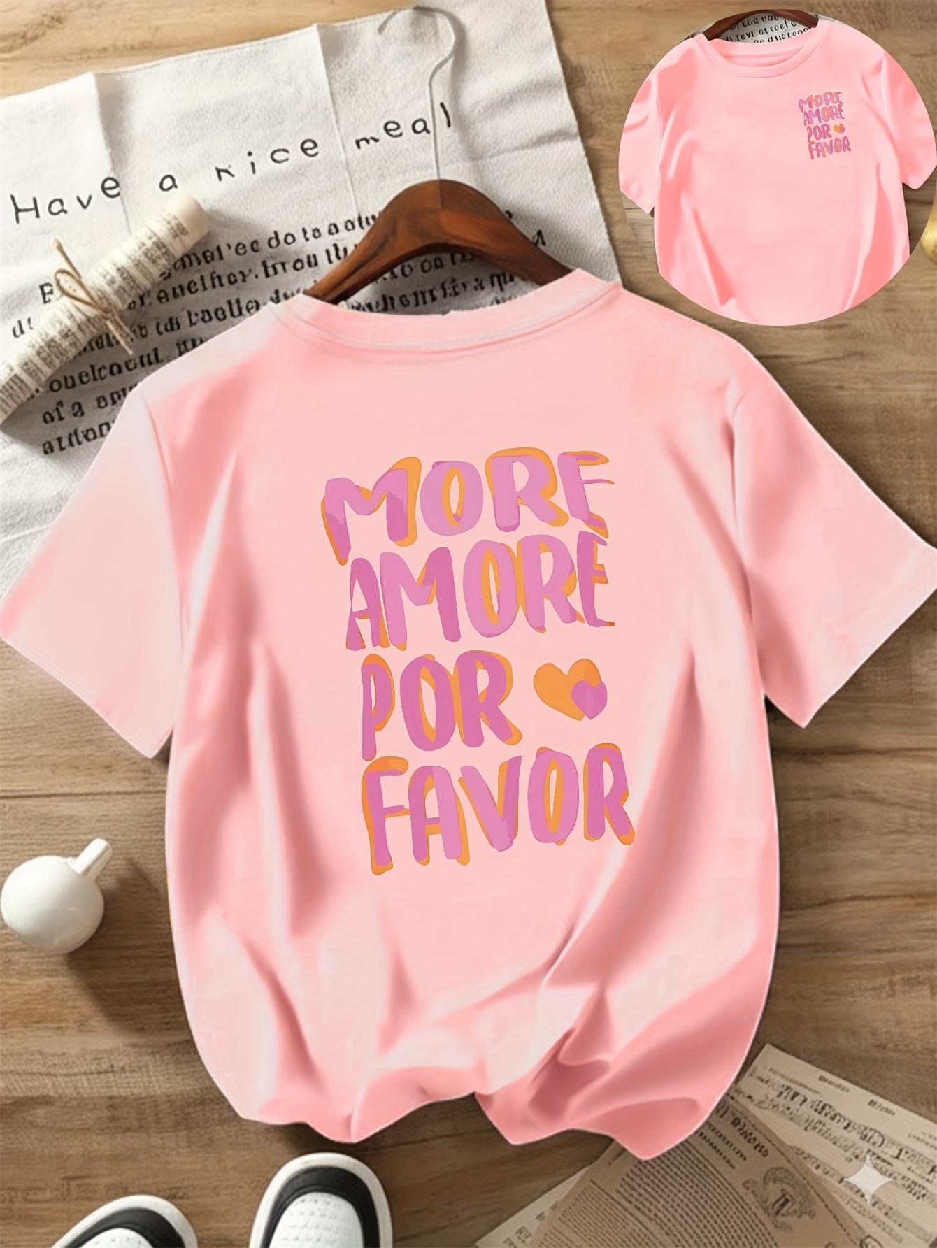 MORE AMORE POR FAVOR Womens Casual Short Sleeve Crew Neck TShirt Pink Print with Hearts Harajuku Short Sleeve Casual S