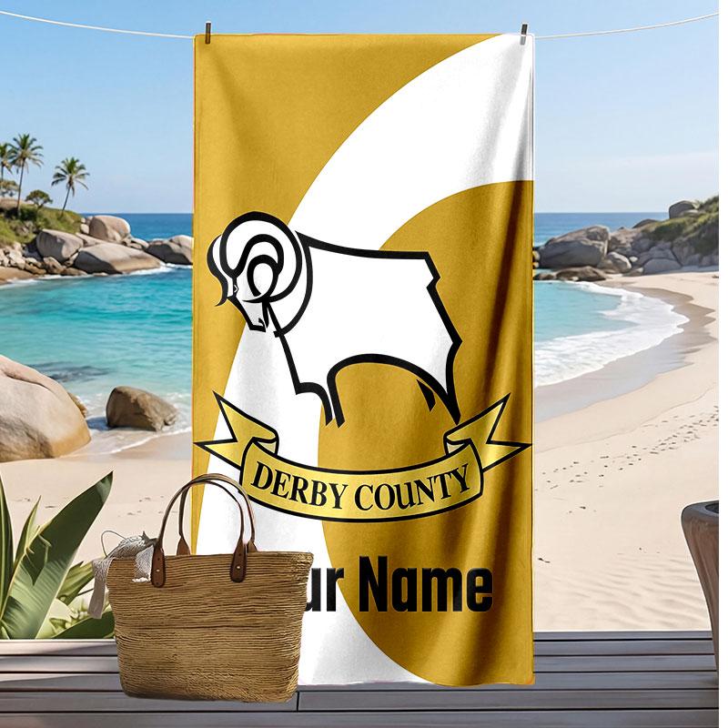 Toalla de Playa Personalizada Estampada Derby County Logo de Fútbol Apoyo Nombre Personalizado Texto Toalla Absorbente Para Deporte Viaje Regalo Especial