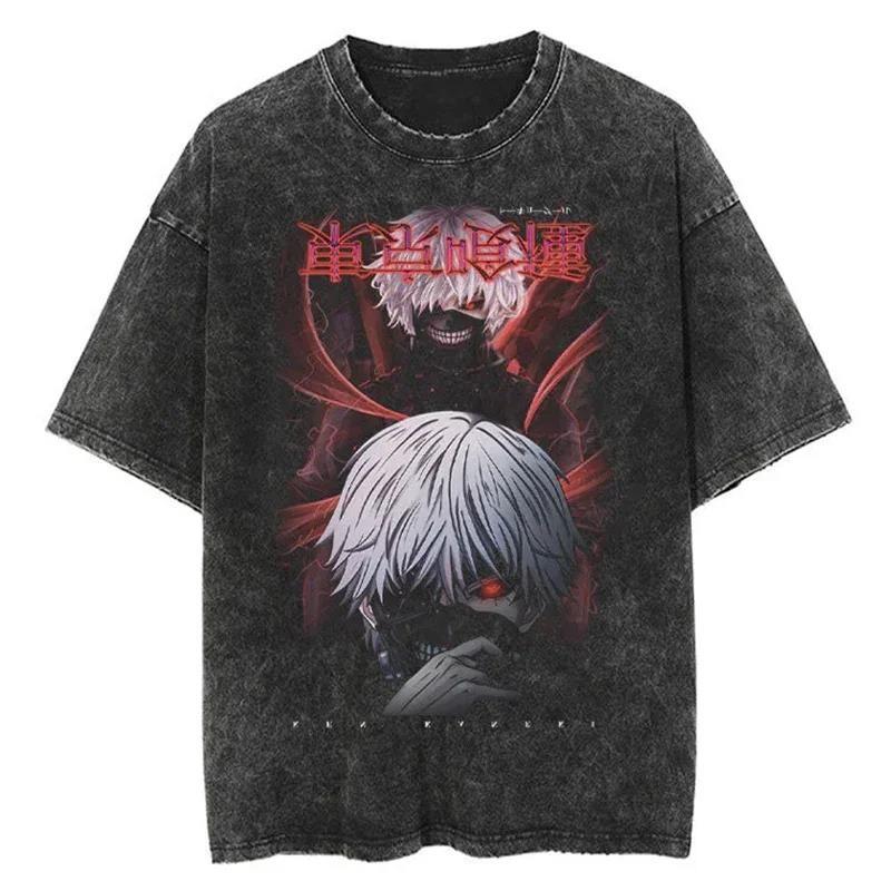 Horké Anime Tokyo Ghoul Grafické Prané Tričko s Pavoučí Lilií Pánské Vintage Trička Y2k Bavlněné Tričko Harajuku Pánské Ležérní Topy