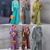 2025 Women's V-Neck Cotton Linen Print Top & Long Pants Casual Set