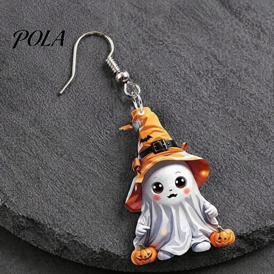 Anti-rust Metal Earrings 1 Pair Halloween Cute Ghost Earrings, Acrylic Dangle with Witch Secure Fit Hat Pumpkin Bat, Anti-Rust Hooks, Playful
