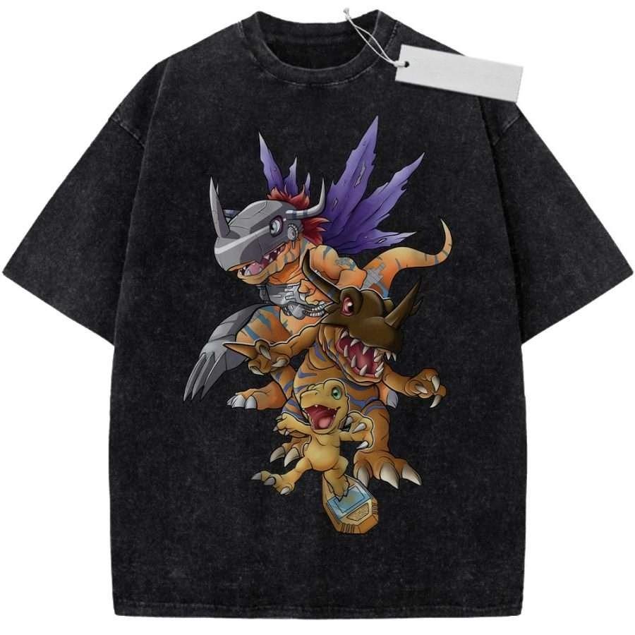 Unisex Washed Beige Vintage T  Shirt Digimon Agumon Evolution High  Quality Fabric for Home Leisure Travel Shopping