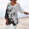 Women's Casual Solid Color Printed V-Neck Loose Irregular Hem Mid-Long Sleeve Top