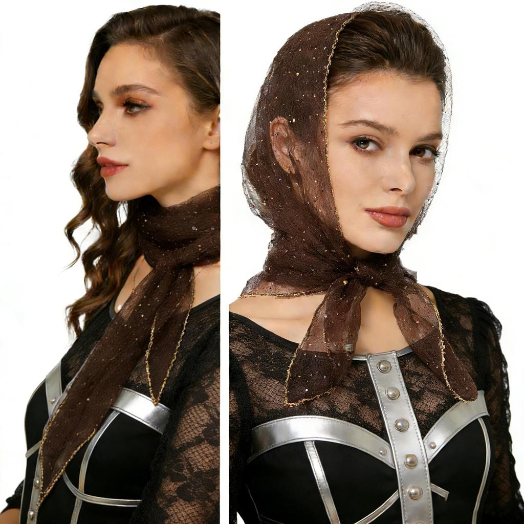 80cm Glitter Rhinestone Square Scarf, Sparkly Mesh Head Wrap for Women