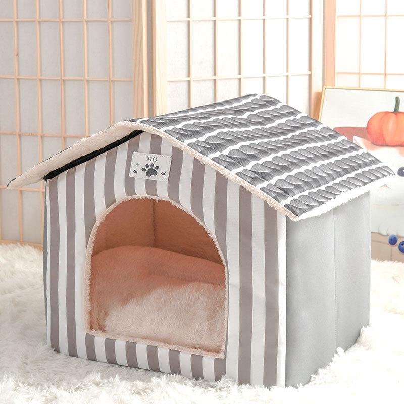 

Winter Plush Bed Cats Stripes Pet House Warm Comfortable Dog Bed Removable with Plush Thick Pet House Security Cat Accessories S