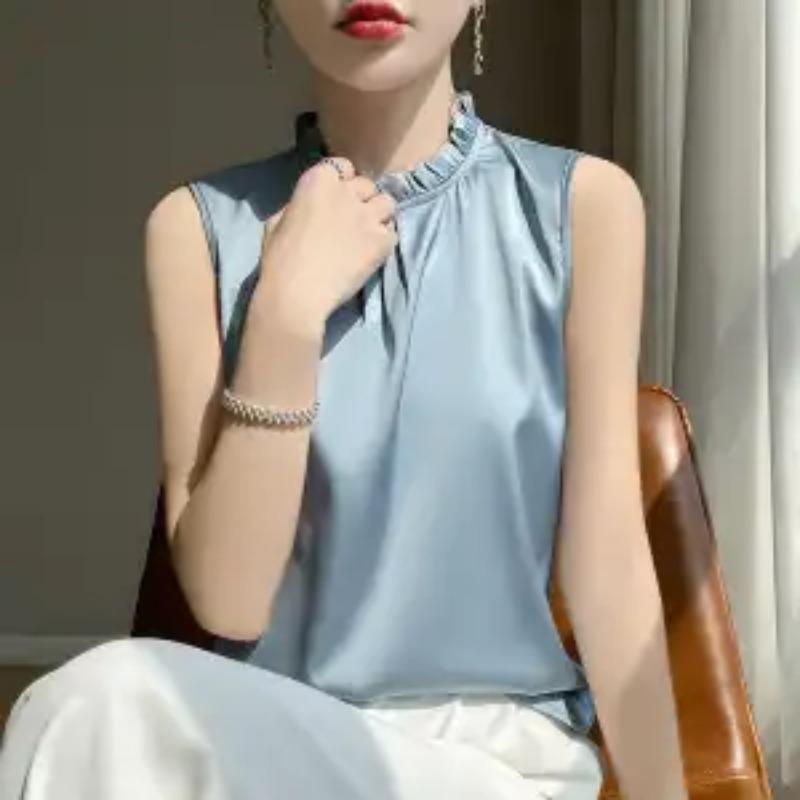 Sleeveless Blouse Ruffled Mandarin Collar Satin Tank Top