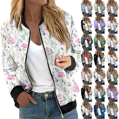 Damenmode, lässig, bedruckt, Reißverschlussjacke mit Taschen, langärmeliger Mantel