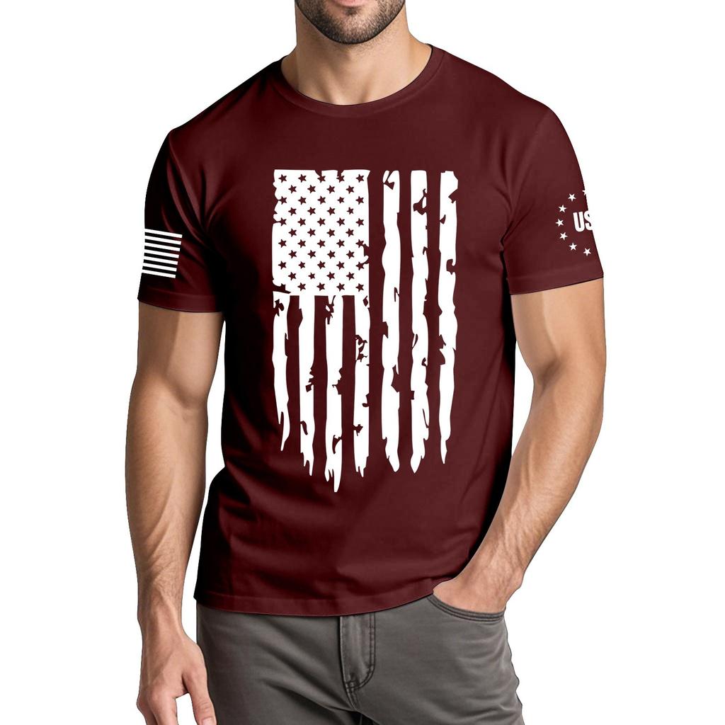 Menns moteriktige avslappede Independence Day trykte t-skjorte med rund hals og korte ermer