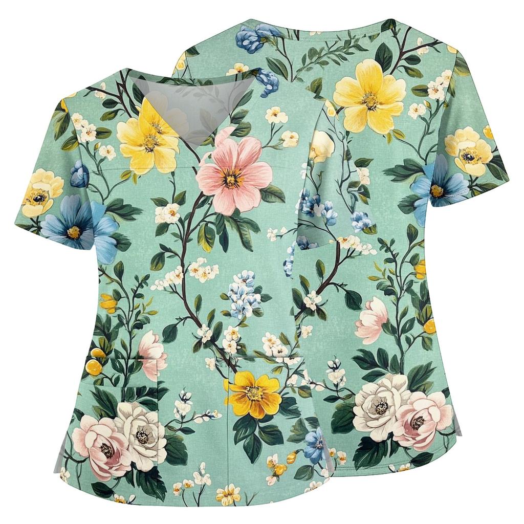 Medizinisches Kasack-Oberteil mit Blumendruck, V-Ausschnitt, Taschen und Seitenschlitzen, Kurzarm, Krankenschwester-Uniformhemd für Damen
